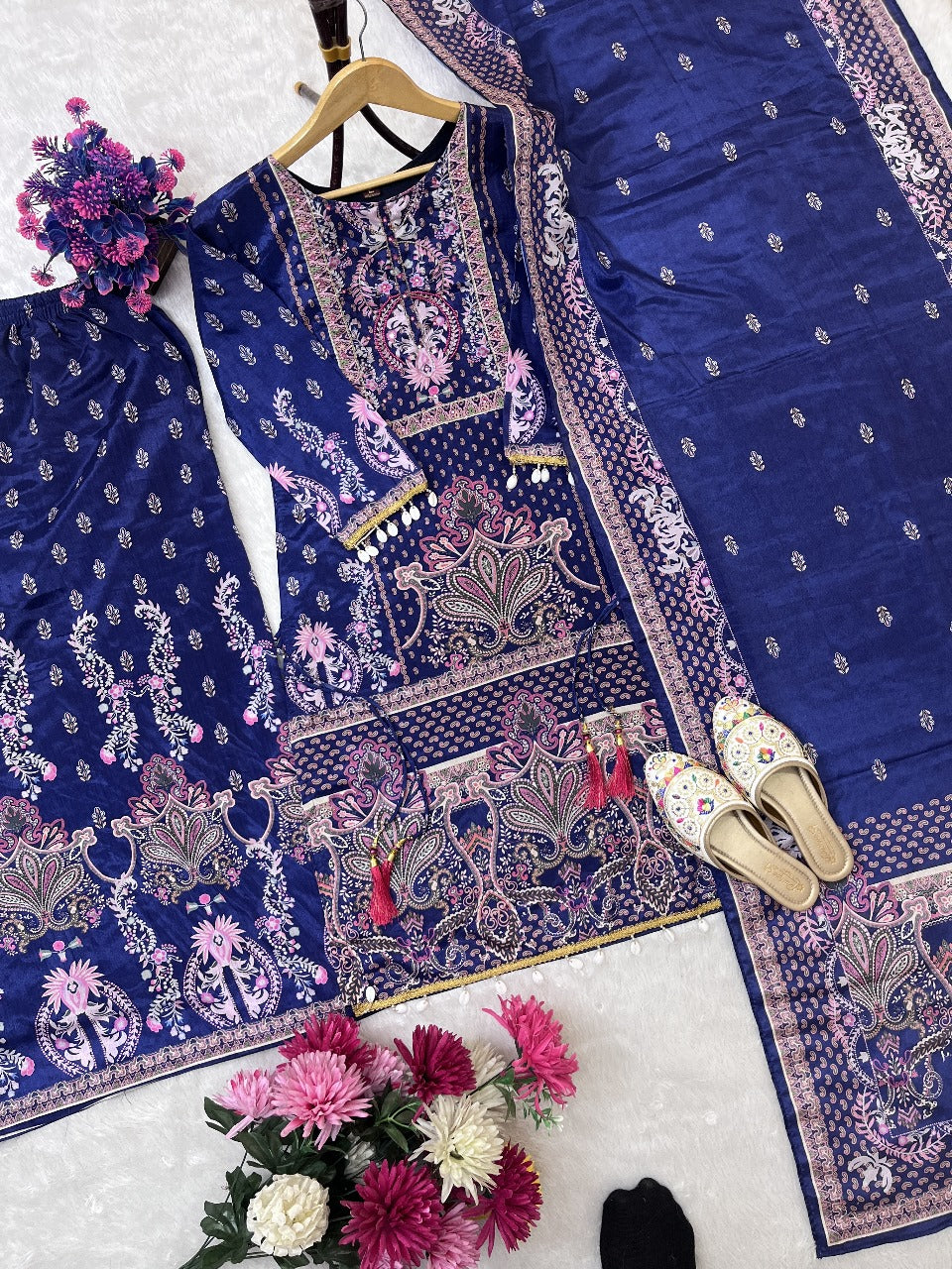 designer wear trending top with printed work with hand work with plazo and dupatta set