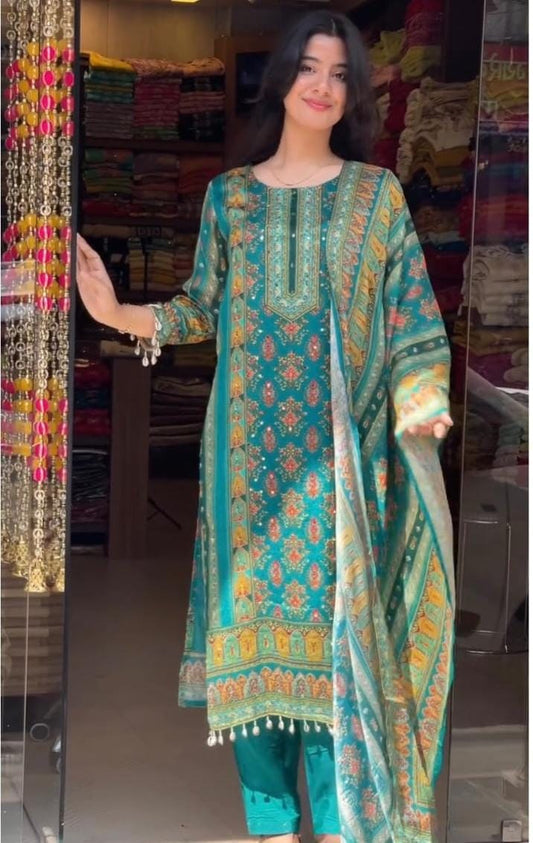 Trending Top With Printed Work With Mirror Work With Top Bottom And Dupatta Set