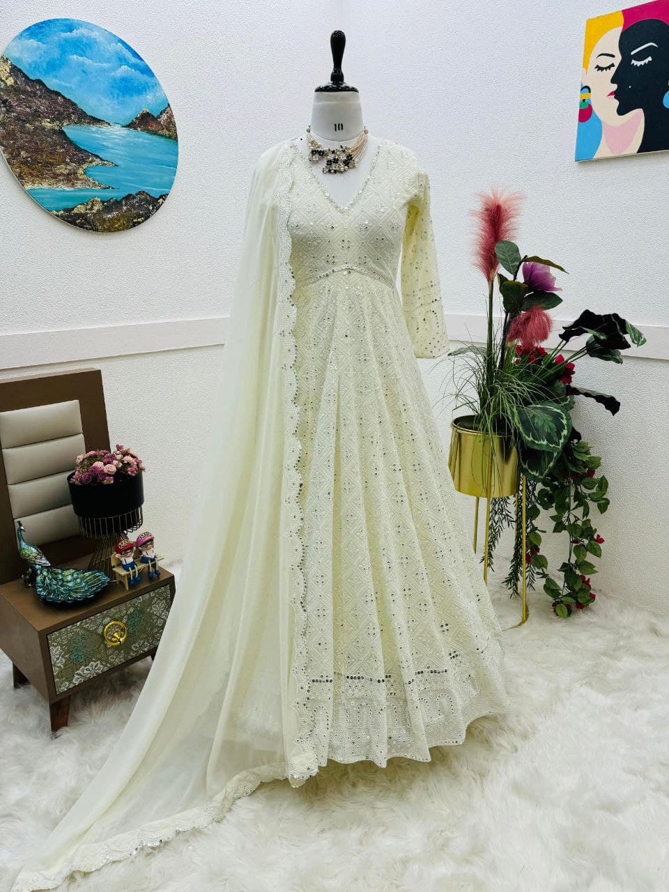 White Color Beautiful Aarkali gown in georgette Fabric