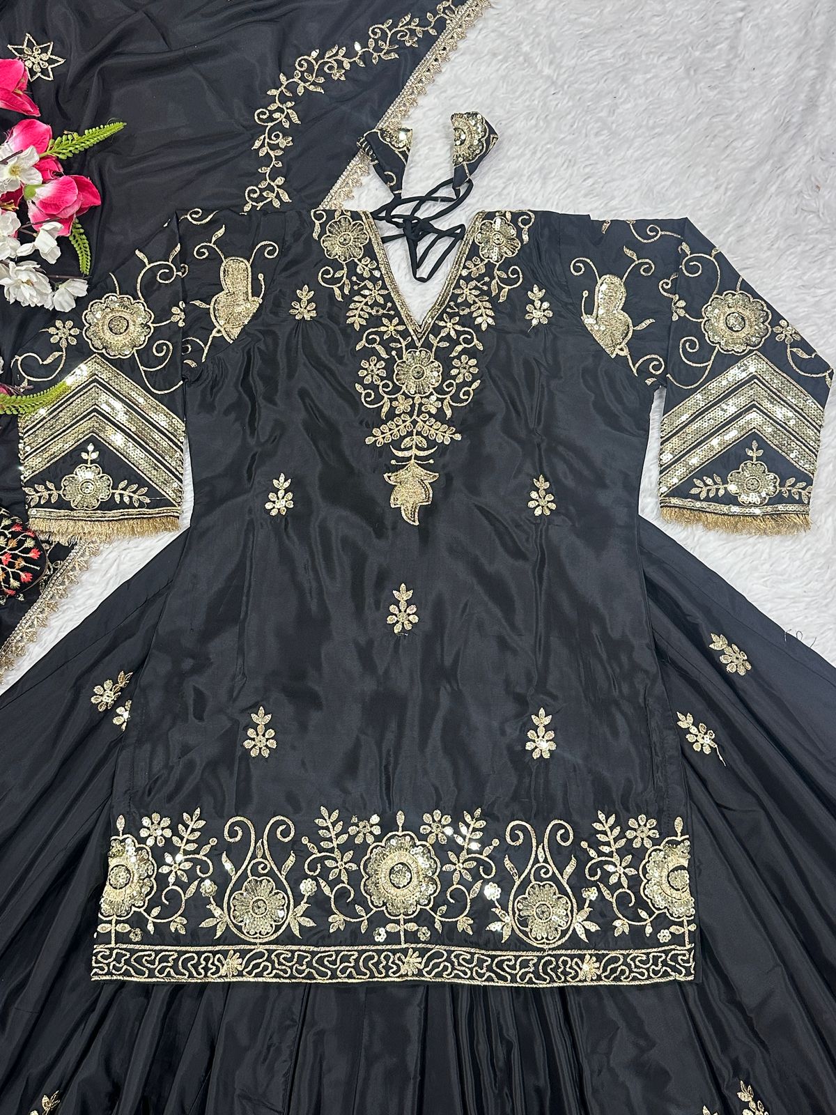 Black Color Beautiful Silk Dress in Top + lehenga with dupatta set