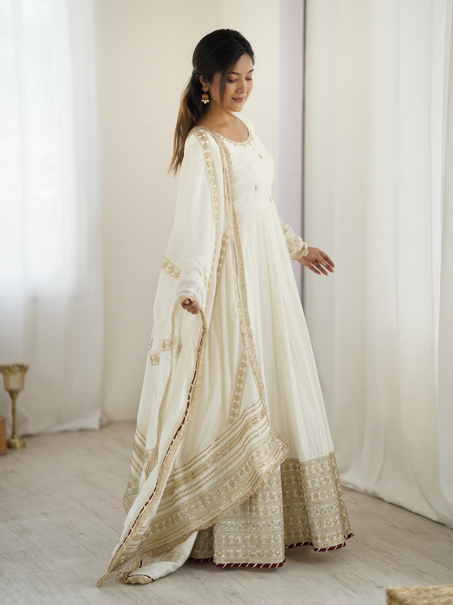 White Color Beautiful Gown in Chinon Silk Fabric