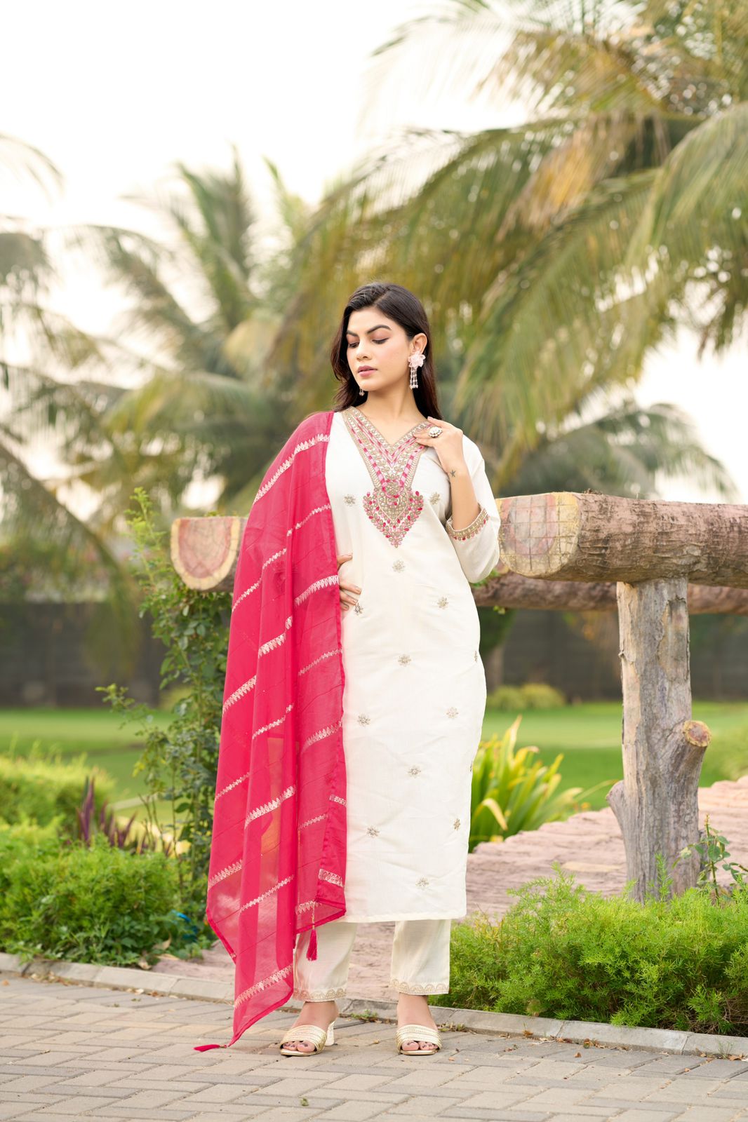 White Cream Color Beautiful Summer wear Dress in Roman Silk fabric
