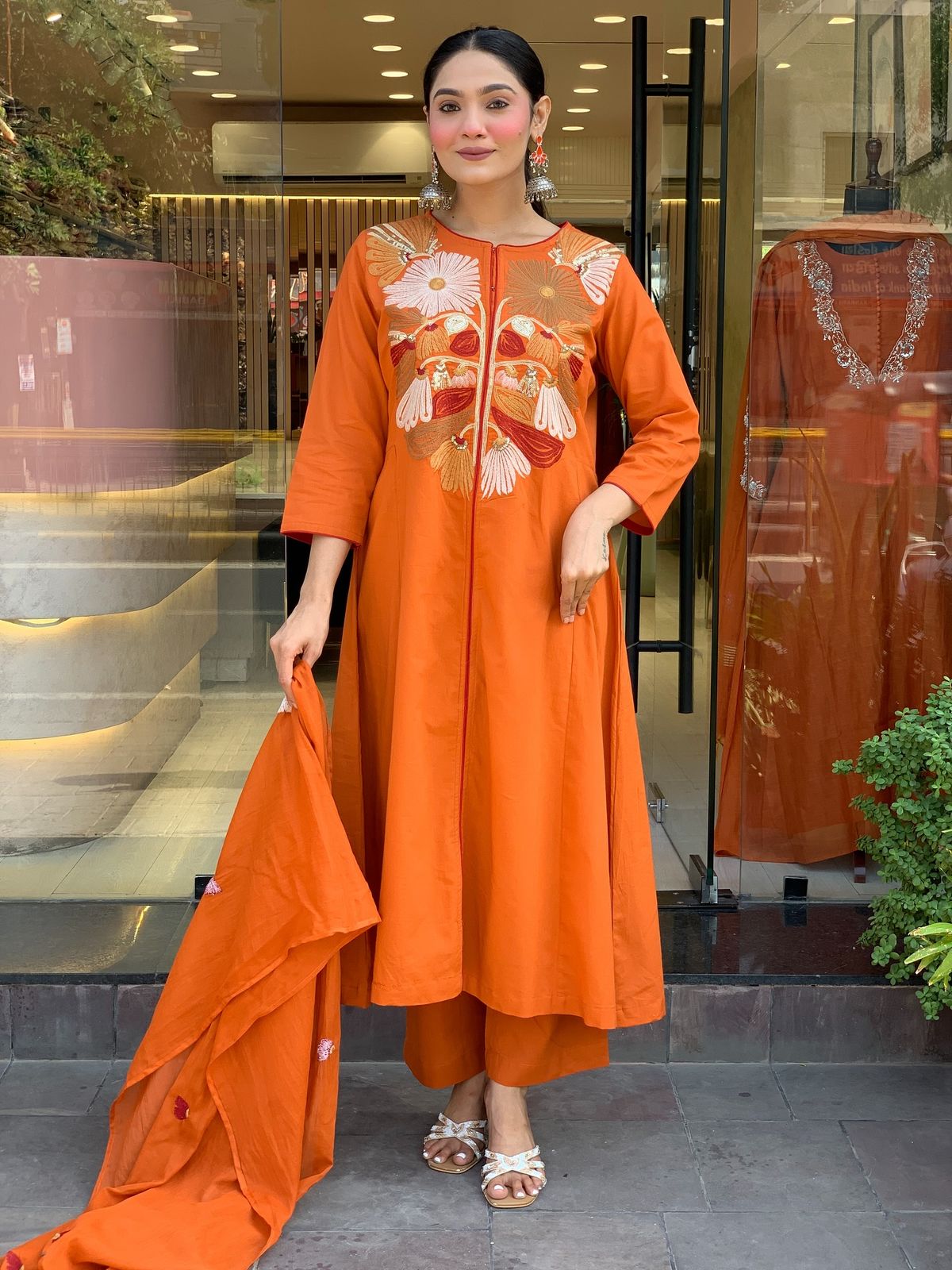orange color office wear dress in chanderi silk fabric