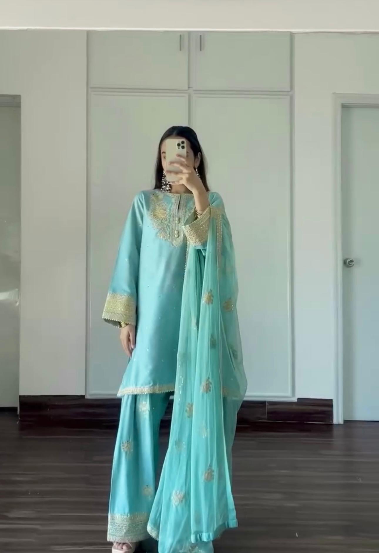 Designer Party Wear Look Pur Natural Crepe Top & Farshi Palazzo With Dupatta Set