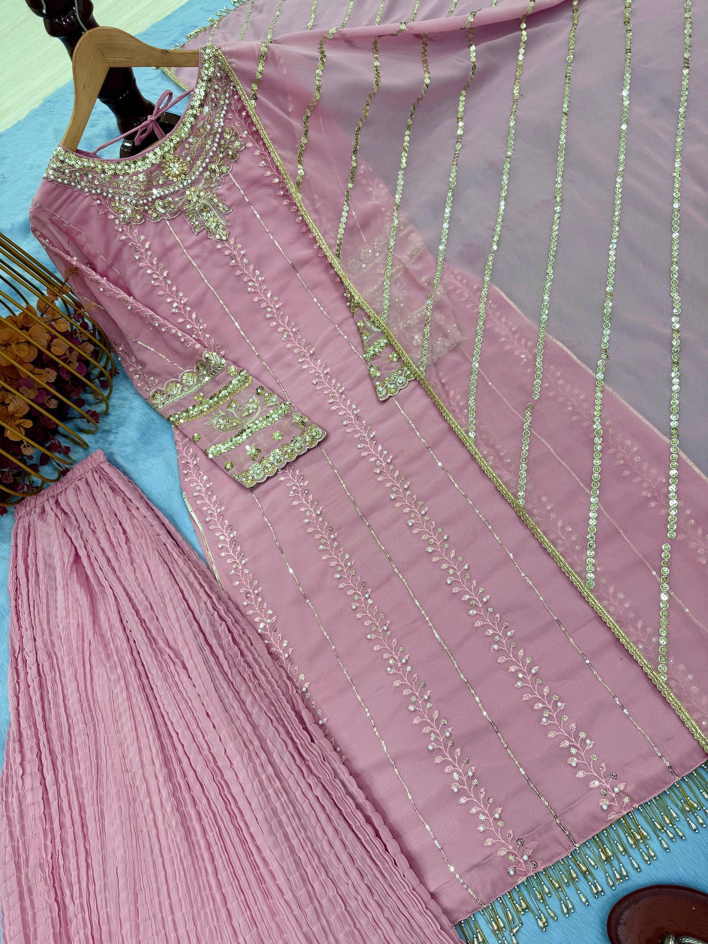 party wear look pur heavy faux georgette top plazzo & dupatta set pink