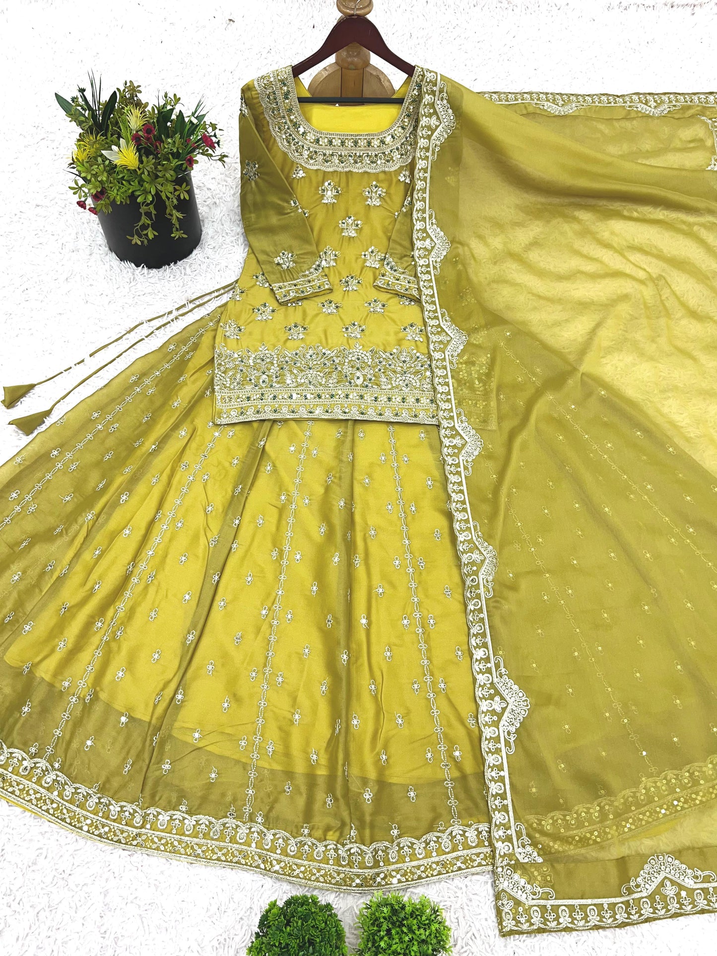 Yellow Color Beautiful Top Lehenga Dupatta Dress in Georgette Fabric