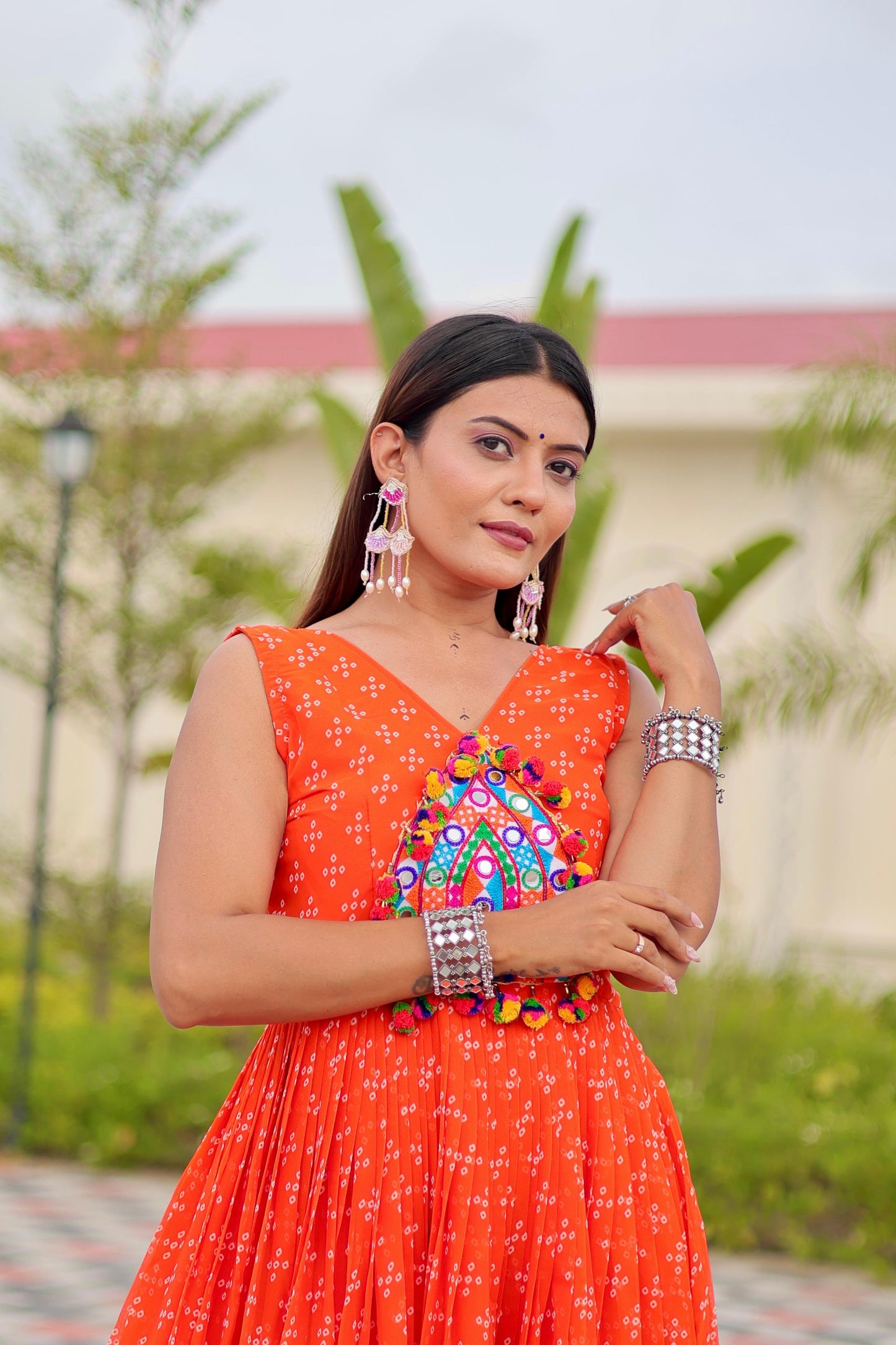 Navratri Special Gamathi Work Gown in orange color