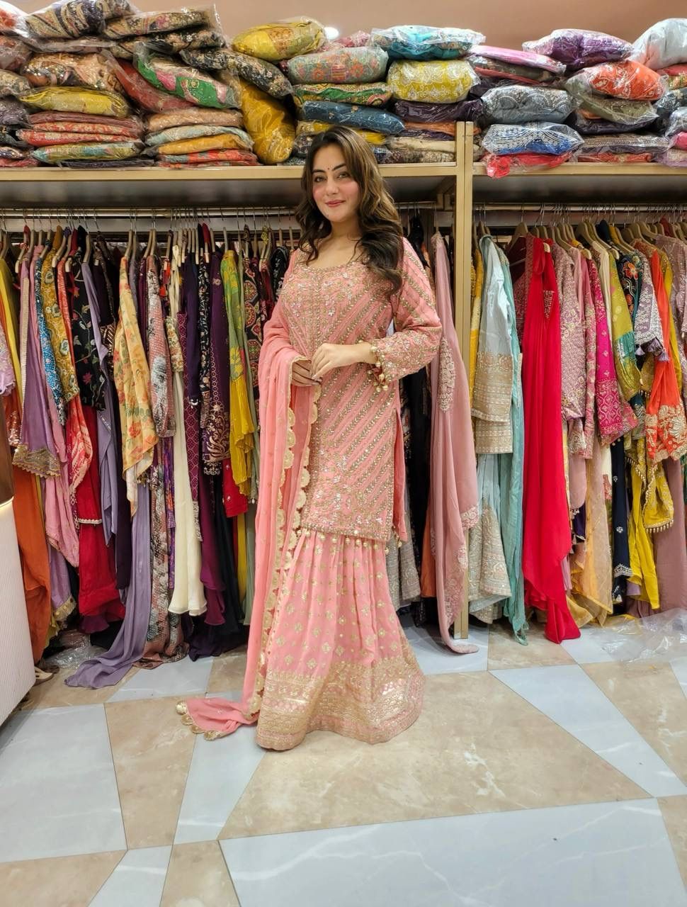 Pink Color Plazo suit in Goergette fabric