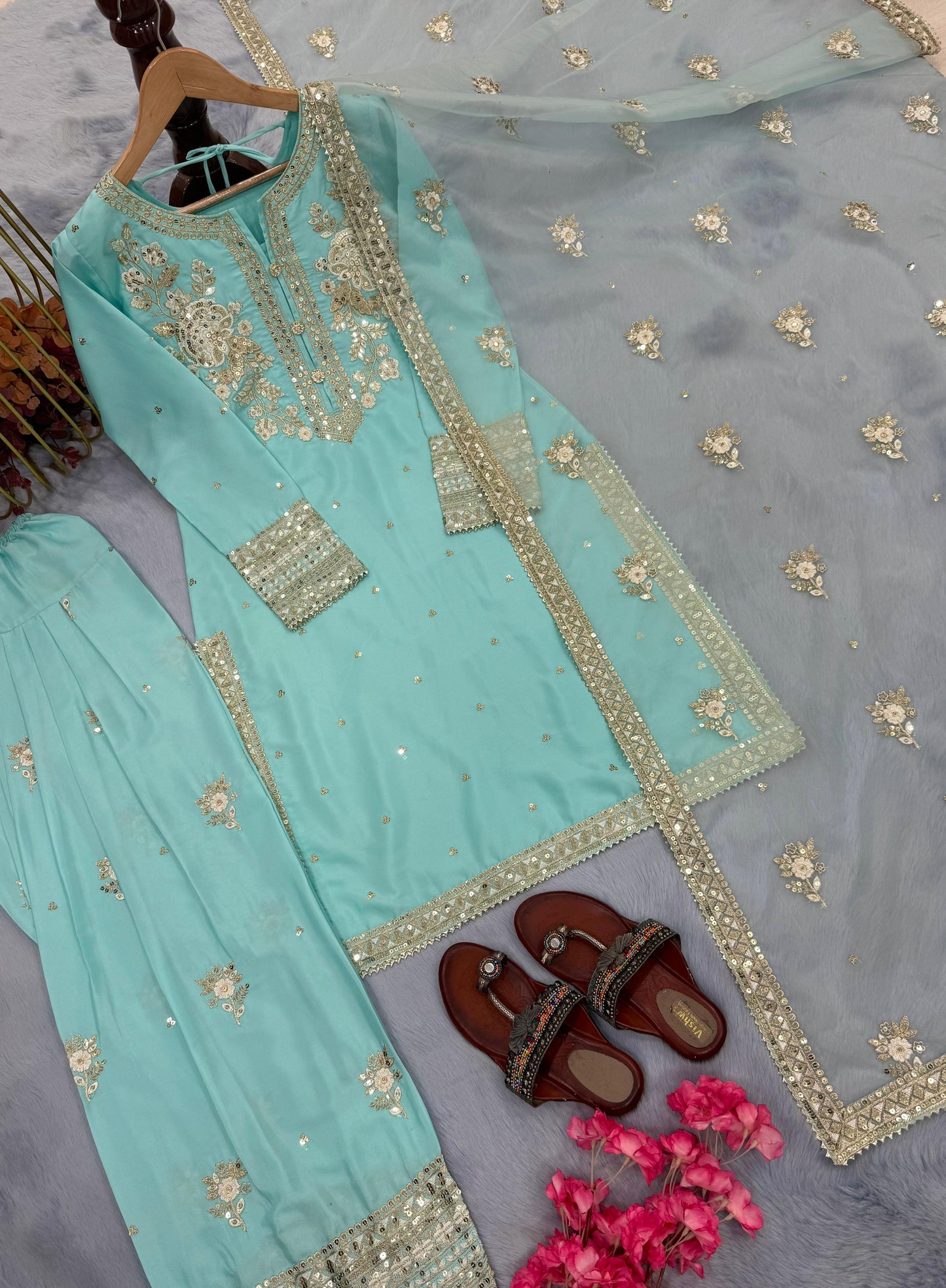 Designer Party Wear Look Pur Natural Crepe Top & Farshi Palazzo With Dupatta Set