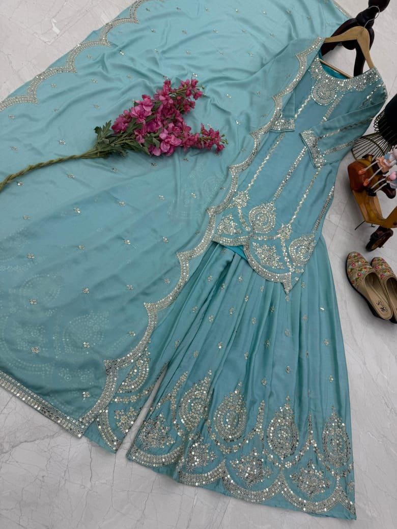 Designer Party Top Pallazo & Dupatta Set in sky blue color