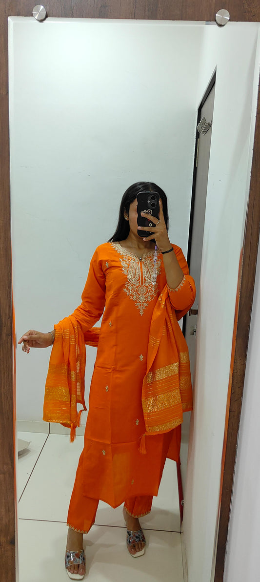 orange colour beatiful office wear dress in silk fabric