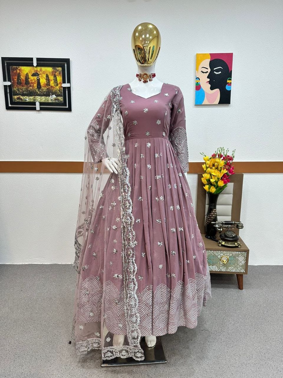 onion color beautiful anarkali gown in goergette fabric