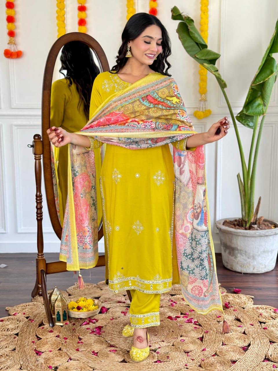 Yellow Color Beautiful Partywear Dress in Cotton Fabric