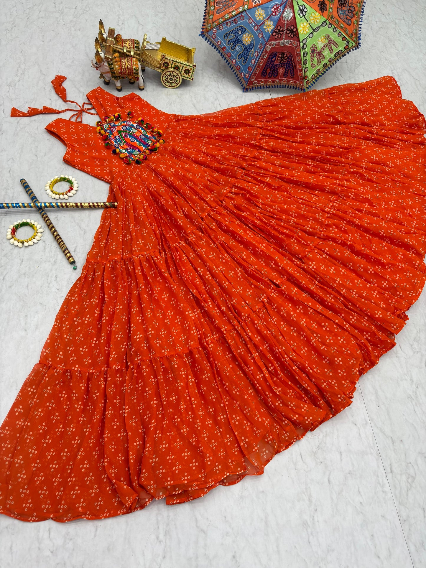 Navratri Special Gamathi Work Gown in orange color