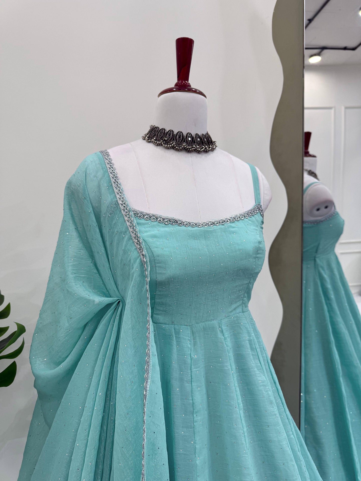 Sky BLue Color Beautiful Gown in Crush Silk Fabric