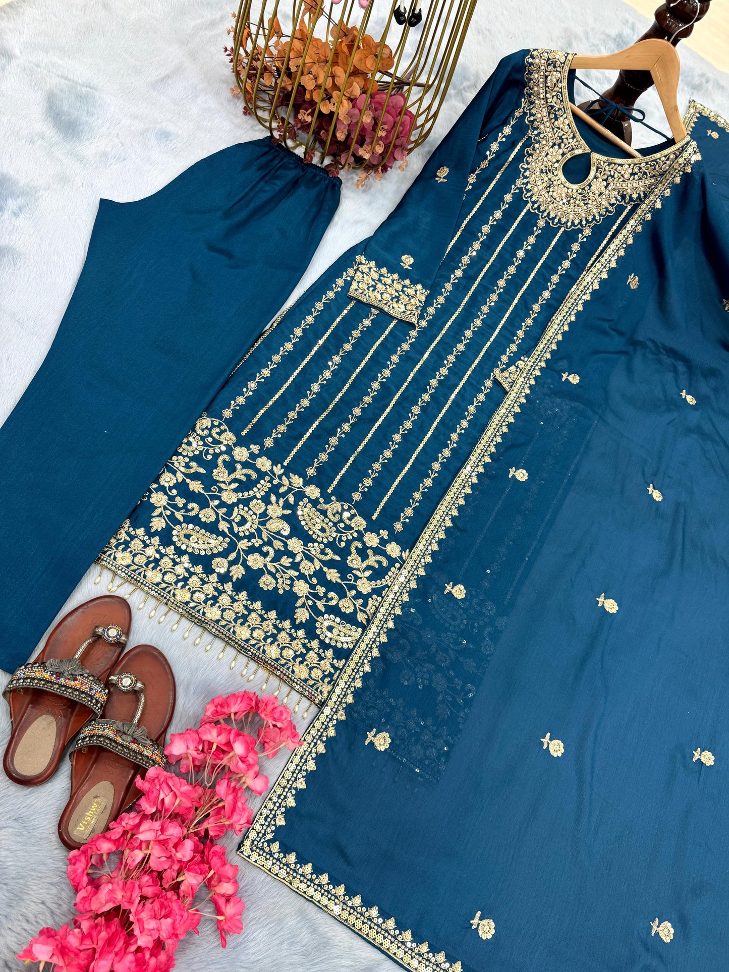 Blue Color Beautiful Partywear Dress IN Chinon Fabric
