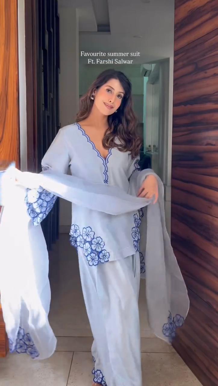 Party Wear Look Pure Natural Crepe Top & Farshi Palazzo With Dupatta Set in grey color