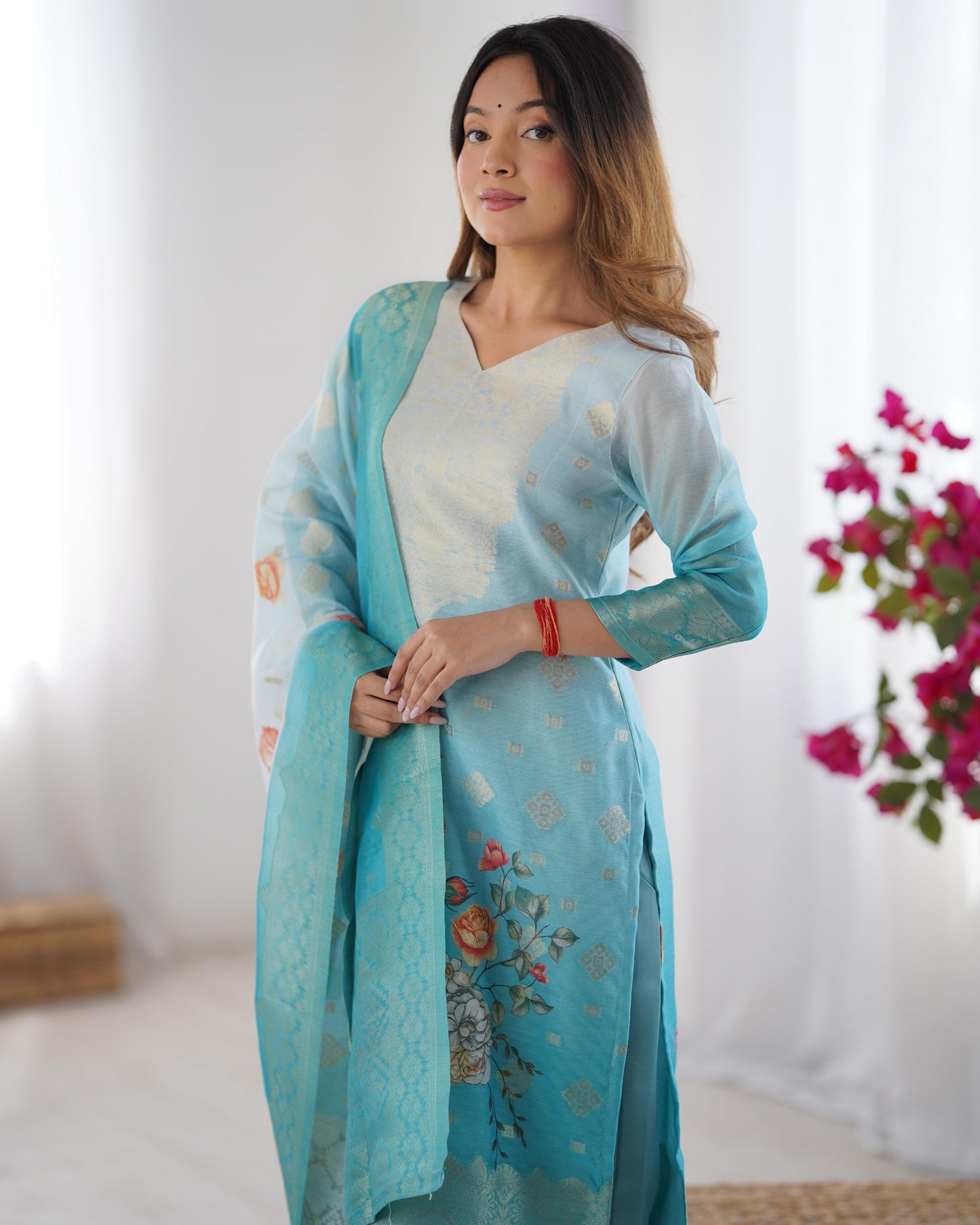 White and Sky blue Color Beautiful Chanderi Silk FAbric Dress