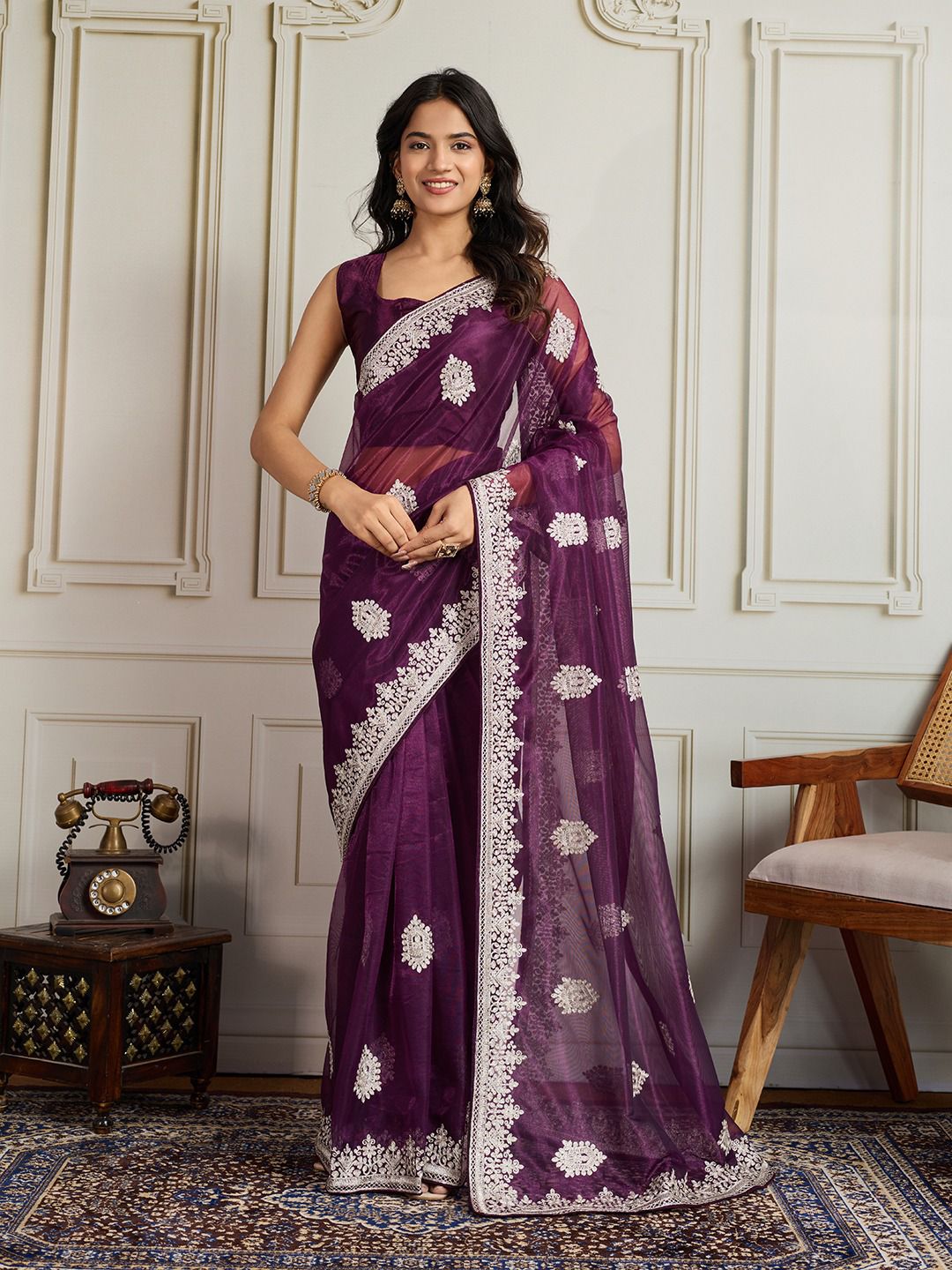 Party Wear Twill Net Saree in purple color