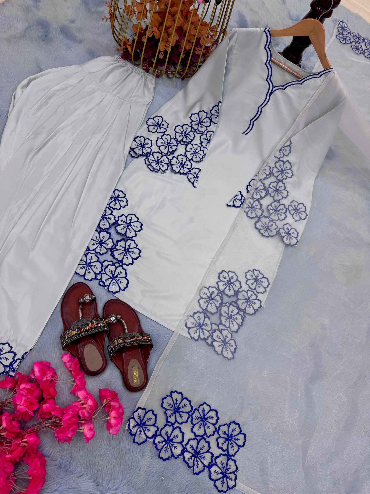 Party Wear Look Pure Natural Crepe Top & Farshi Palazzo With Dupatta Set in grey color