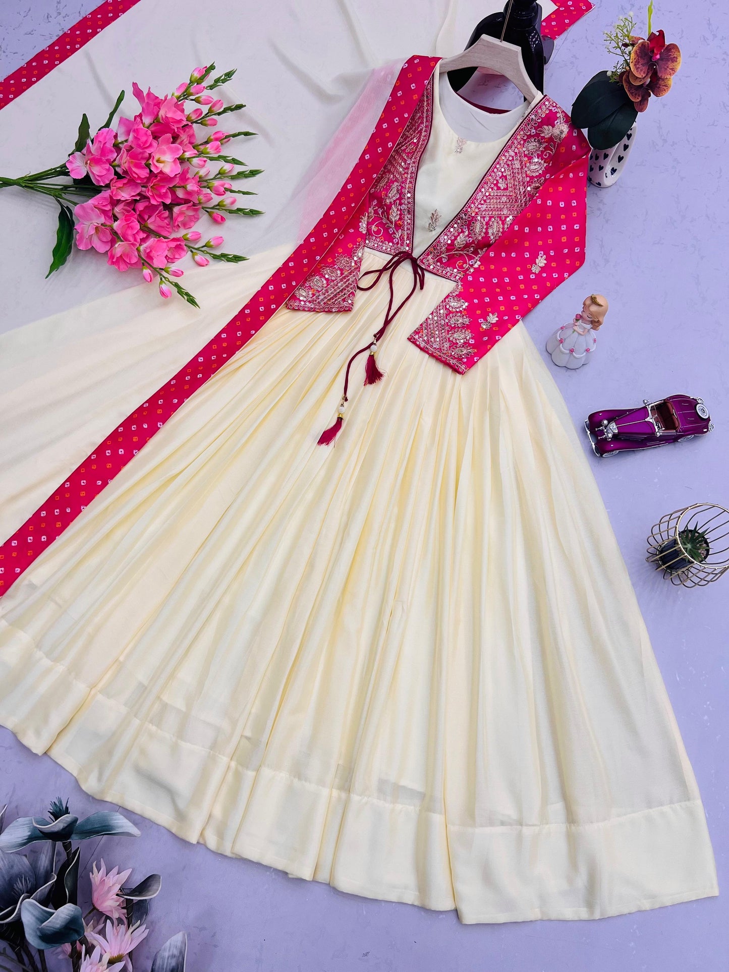 Designer Partywear Gown with koti in chinon silk fabric