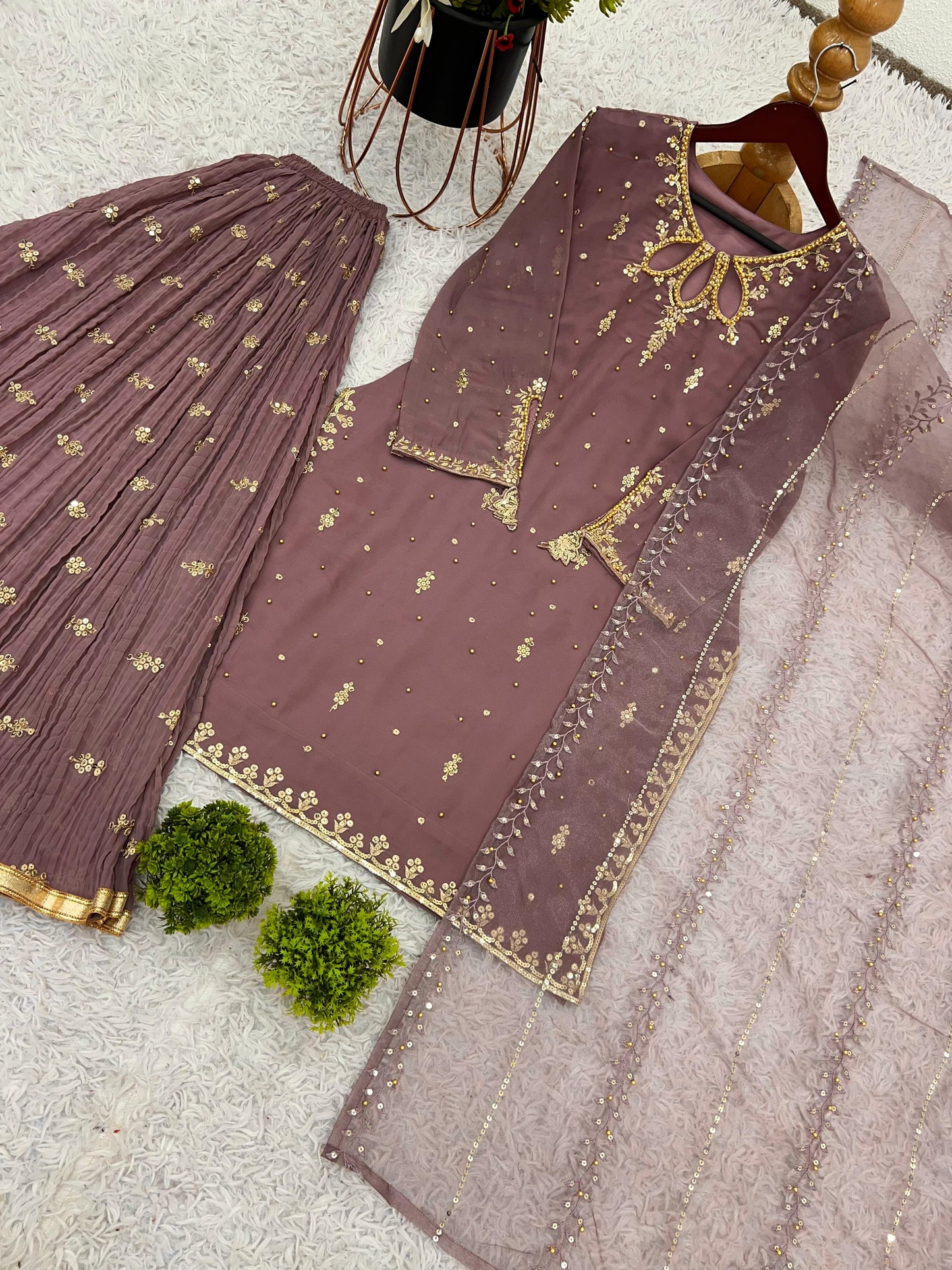 Georgette With Heavy Embroidery Sequence Work Top-Bottom And Dupatta Set