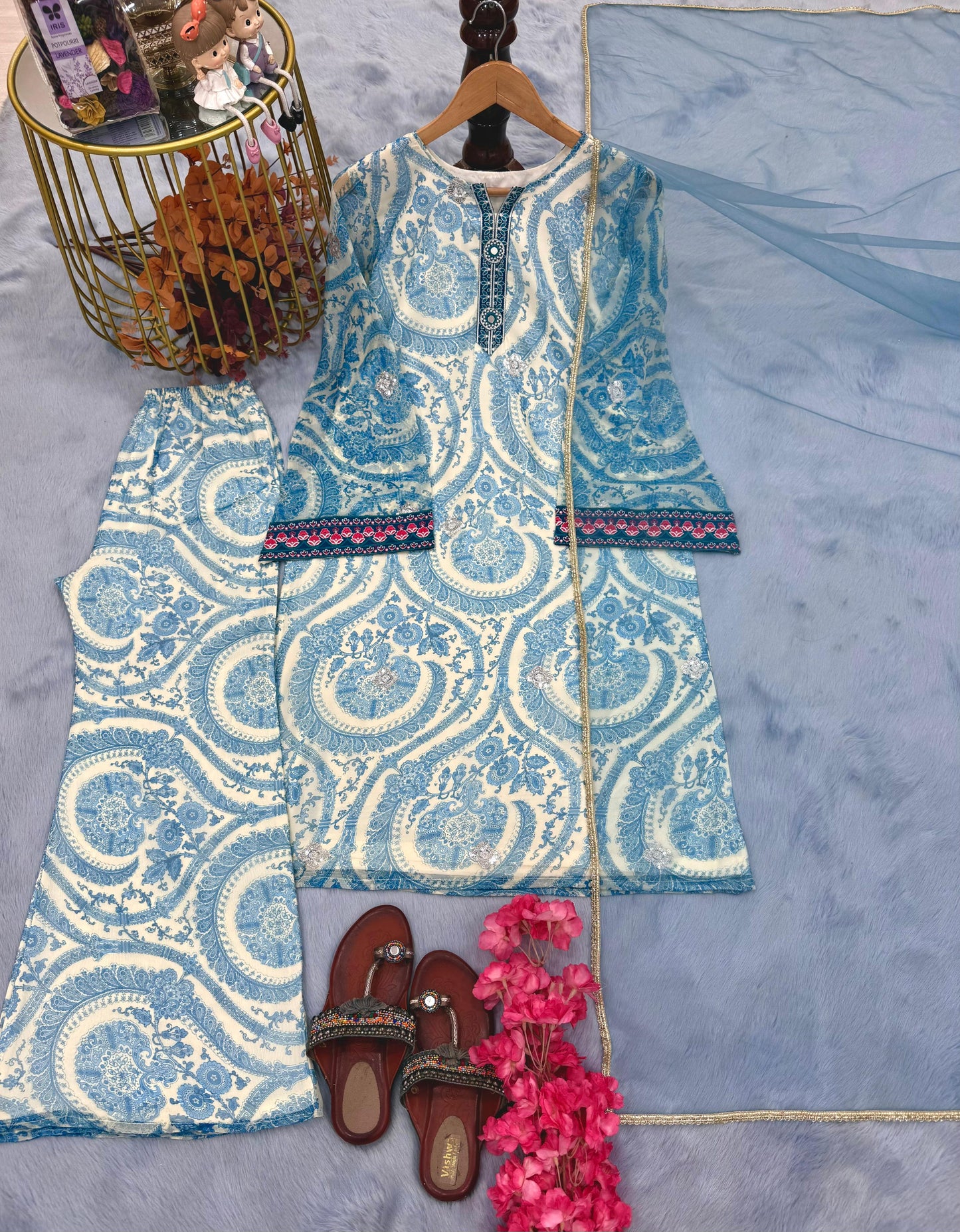 Designer Party Wear Look Pur Cifon Georgette Top & Farshi Palazzo With Dupatta Set