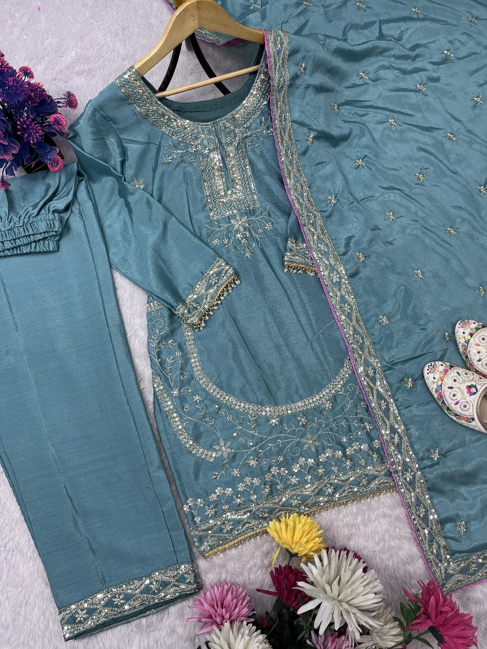 SKy BLue Color Partywear Dress in Chinon Silk Fabric