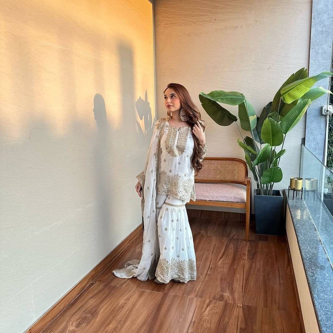White Color Beautiful Sharara Suit in Silk Color