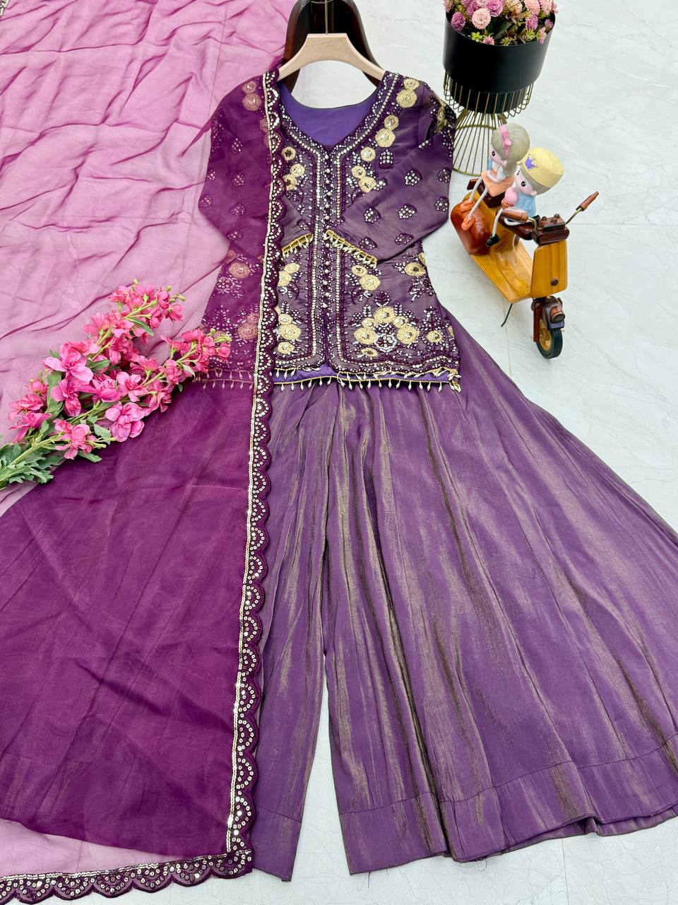 Designer Party Top Pallazo & Dupatta Set in purple color