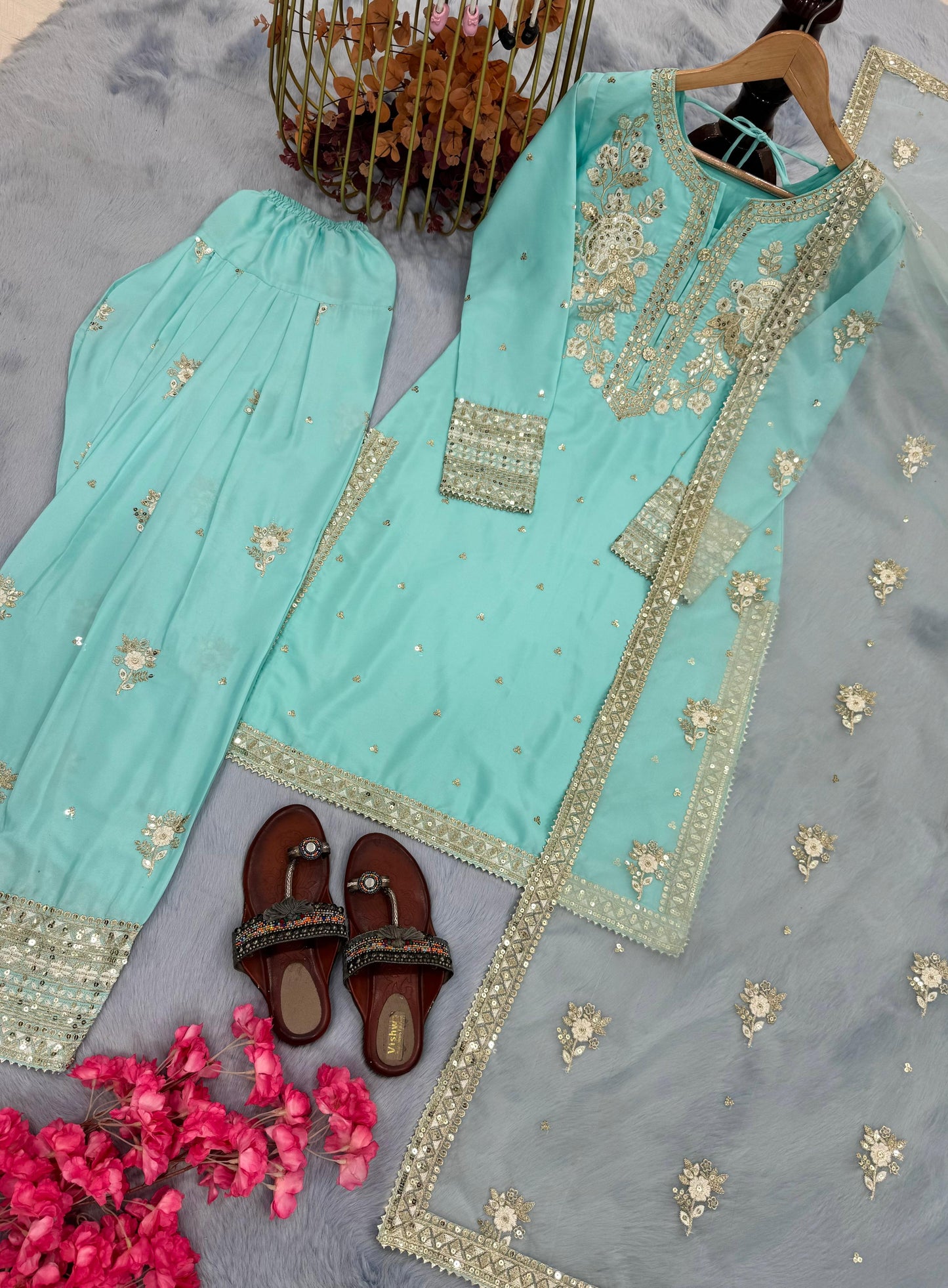 Designer Party Wear Look Pur Natural Crepe Top & Farshi Palazzo With Dupatta Set
