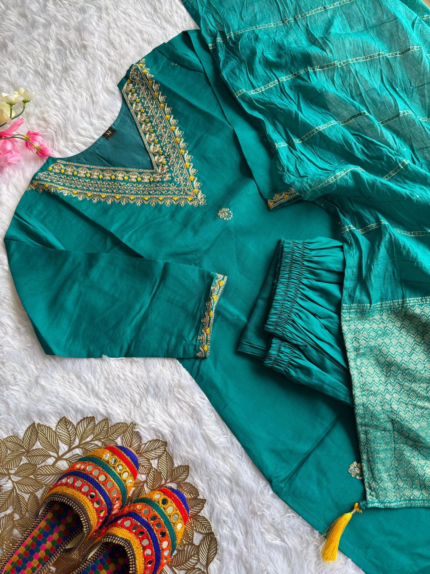 designers kurti pent dupatta set in roman silk fabric
