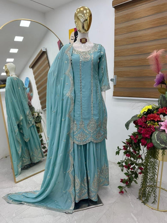 Designer Party Top Pallazo & Dupatta Set in sky blue color
