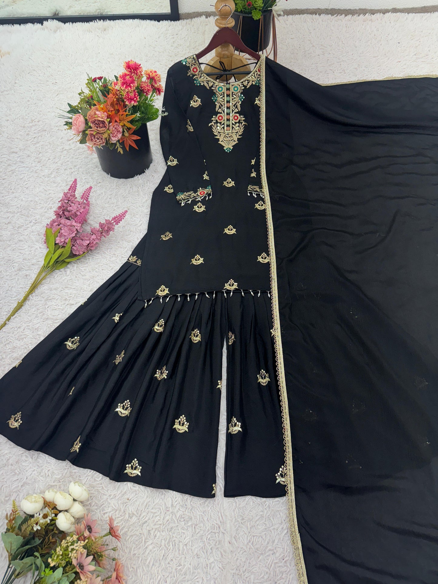 Party Wear Look Top-Sharara And Dupatta With Heavy Embroidery Sequence Work in black color