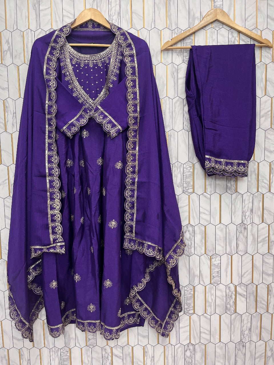 Purple Color Traditional Dress in Chinon Fabric