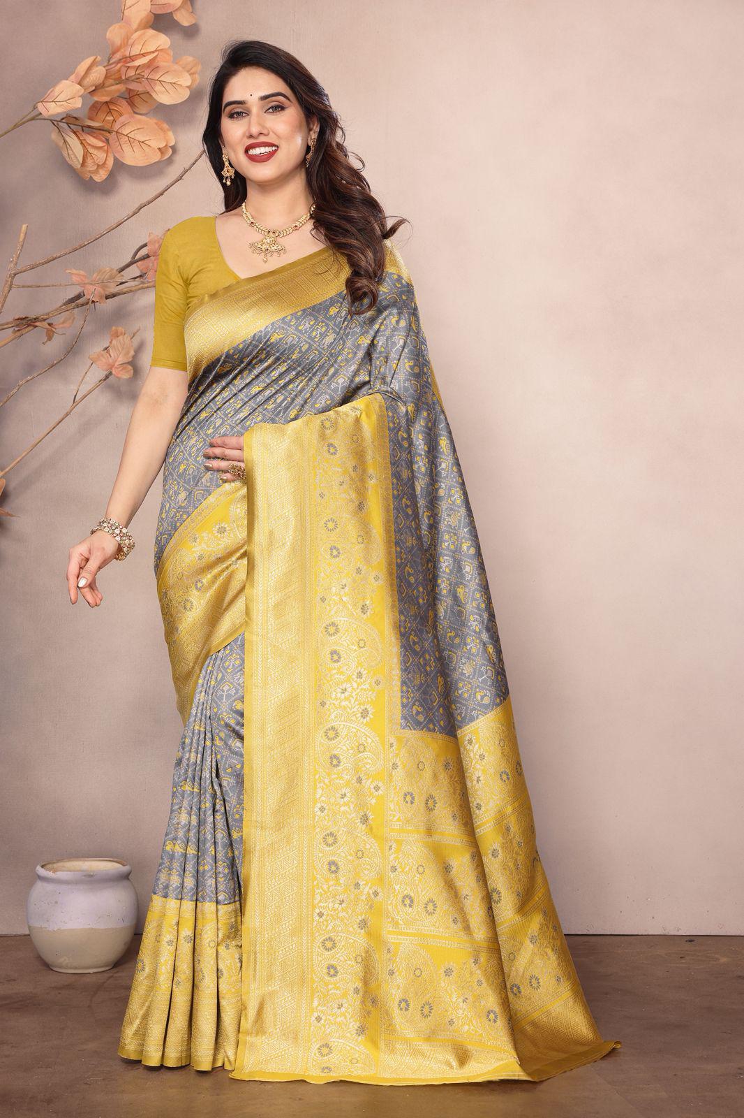 Yellow Grey Color Beauitful Daily Wear Use Saree
