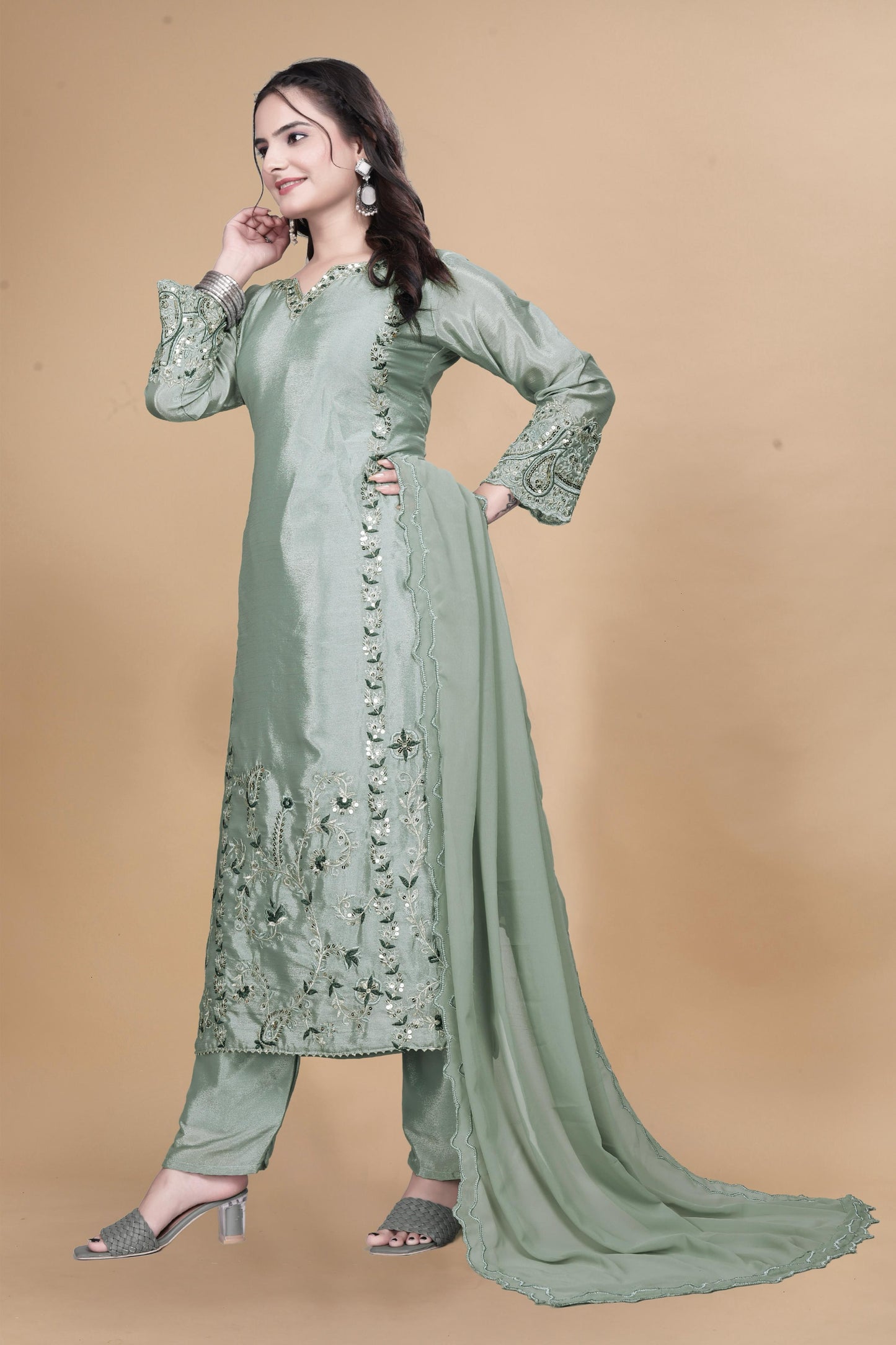 Traditional Collection 3 Piece Long Kurti With Bottom And Beautiful Dupatta