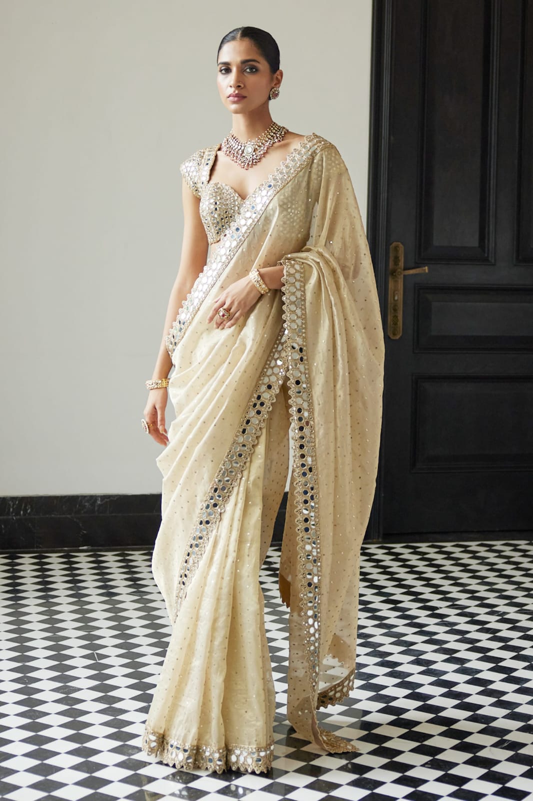 White Cream Color Beautiful PArtywear Saree in Organza SAree