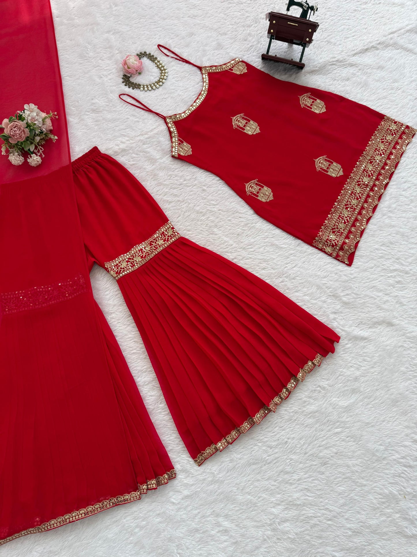 designer sharara set in red colour for karva chauth