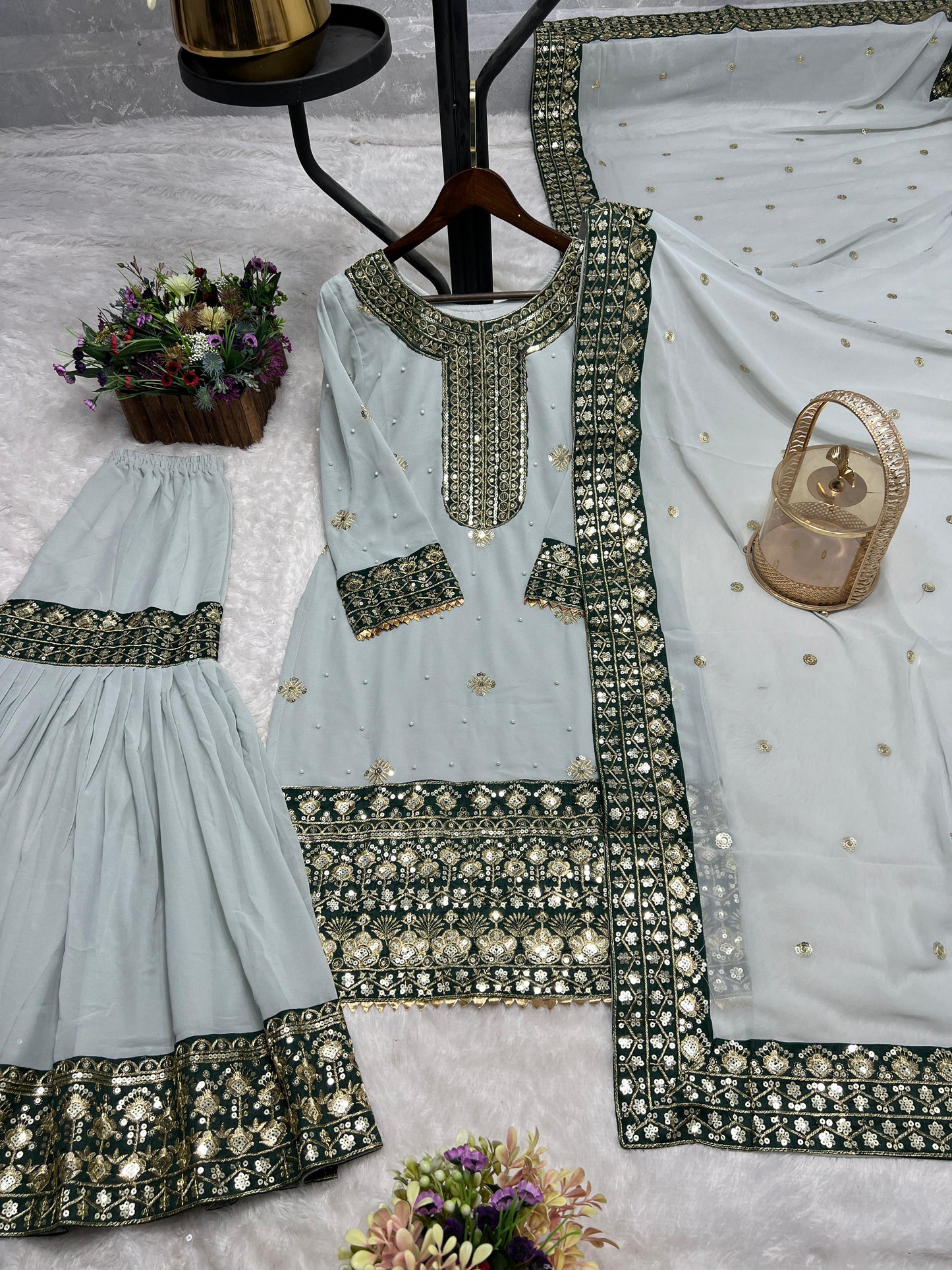 Ready To Wear Collection 3 Piece Trending Fancy Kurti With Beautiful Sharara And Dupatta