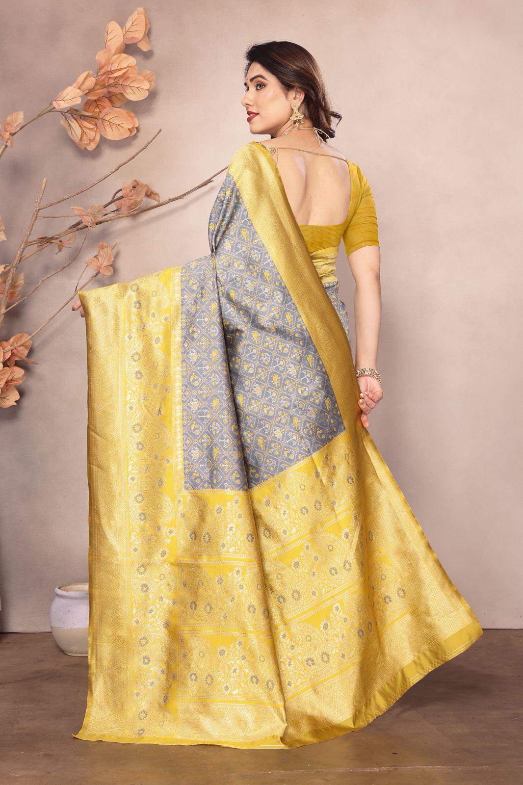Yellow Grey Color Beauitful Daily Wear Use Saree