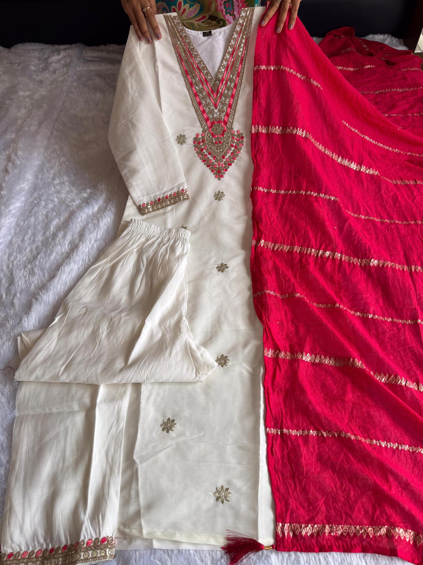 White Cream Color Beautiful Summer wear Dress in Roman Silk fabric