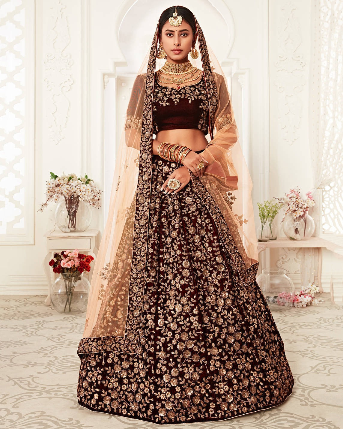 Majestic Maroon Velvet Lehenga
