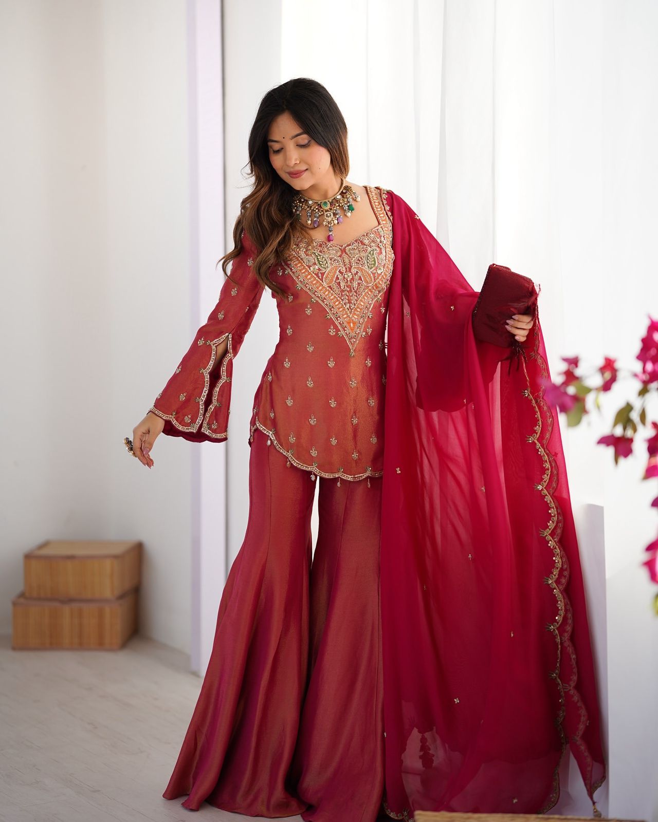 simar silk with embroidery work top-bottom and dupatta set fully stitched ready to wear
