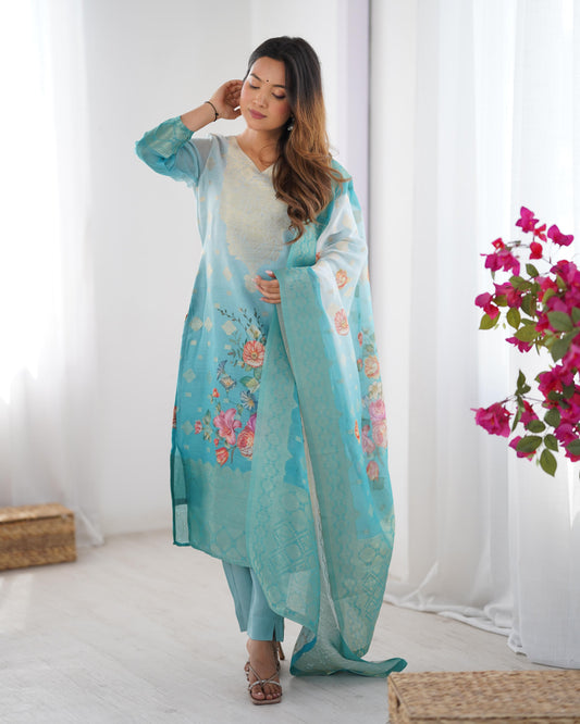 White and Sky blue Color Beautiful Chanderi Silk FAbric Dress