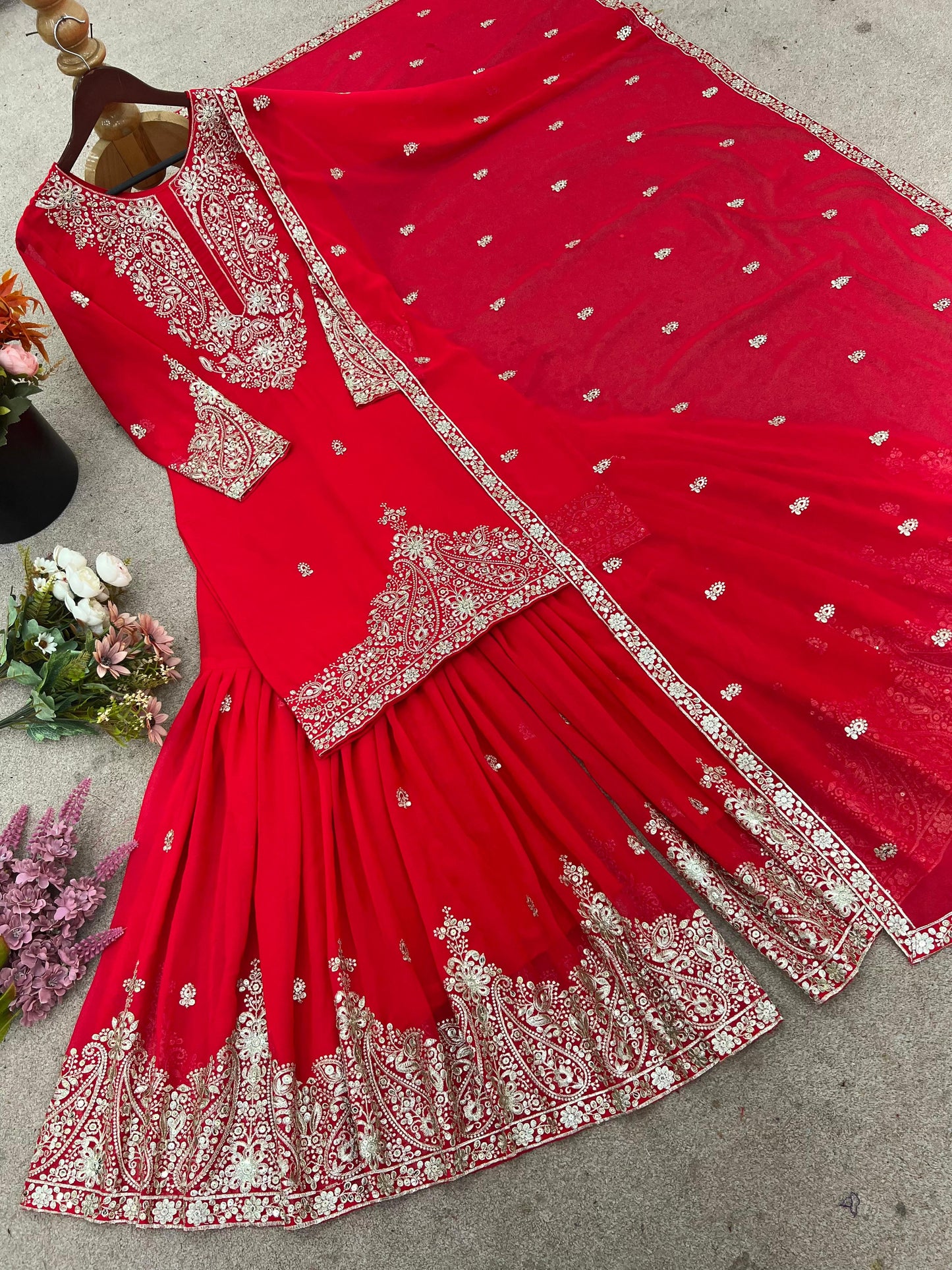faux georgette with embroidery work top-bottom and dupatta set fully stitched ready to wear