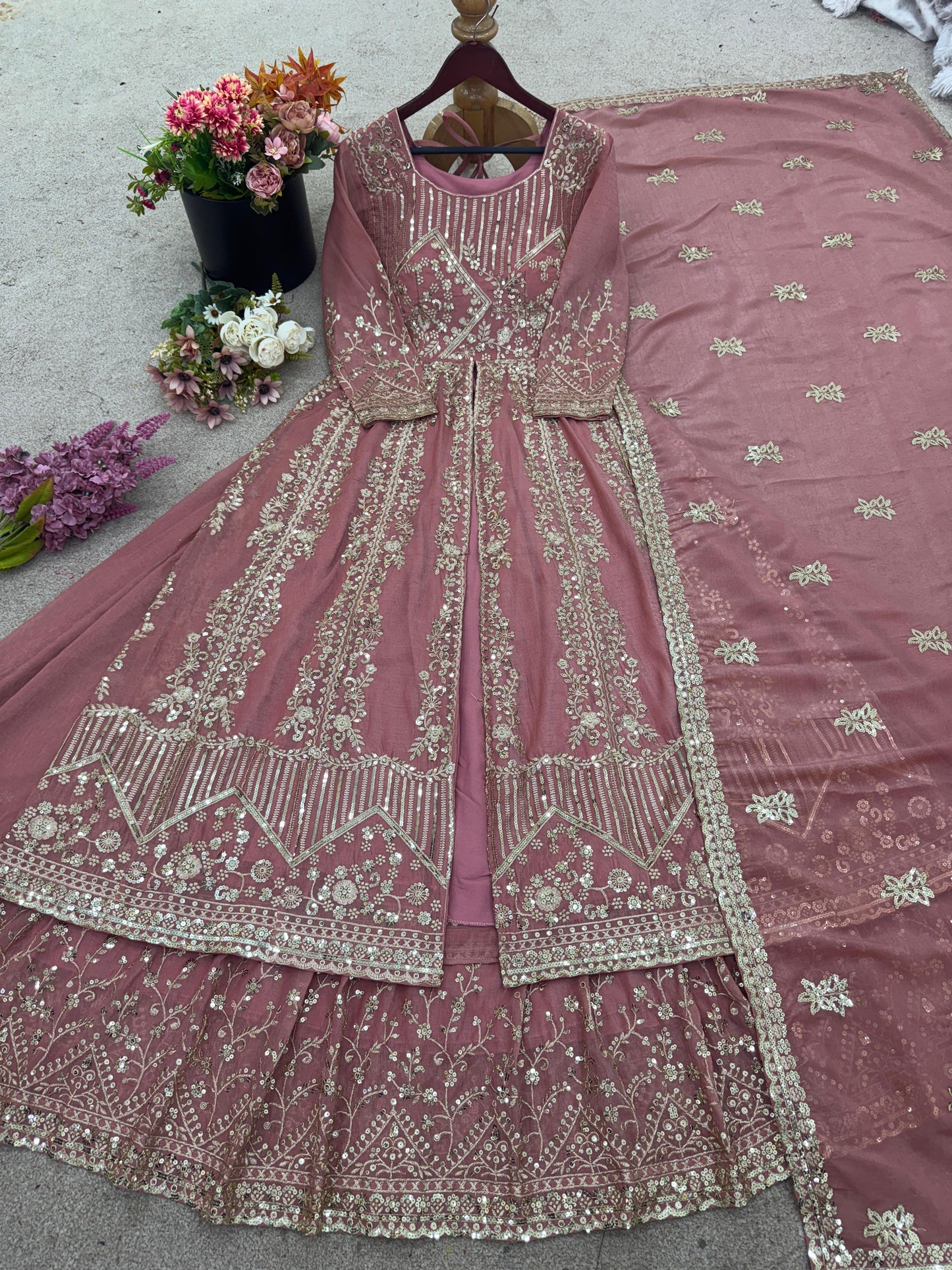 Crunchy Silk Beautiful Plazzo suit in pink color