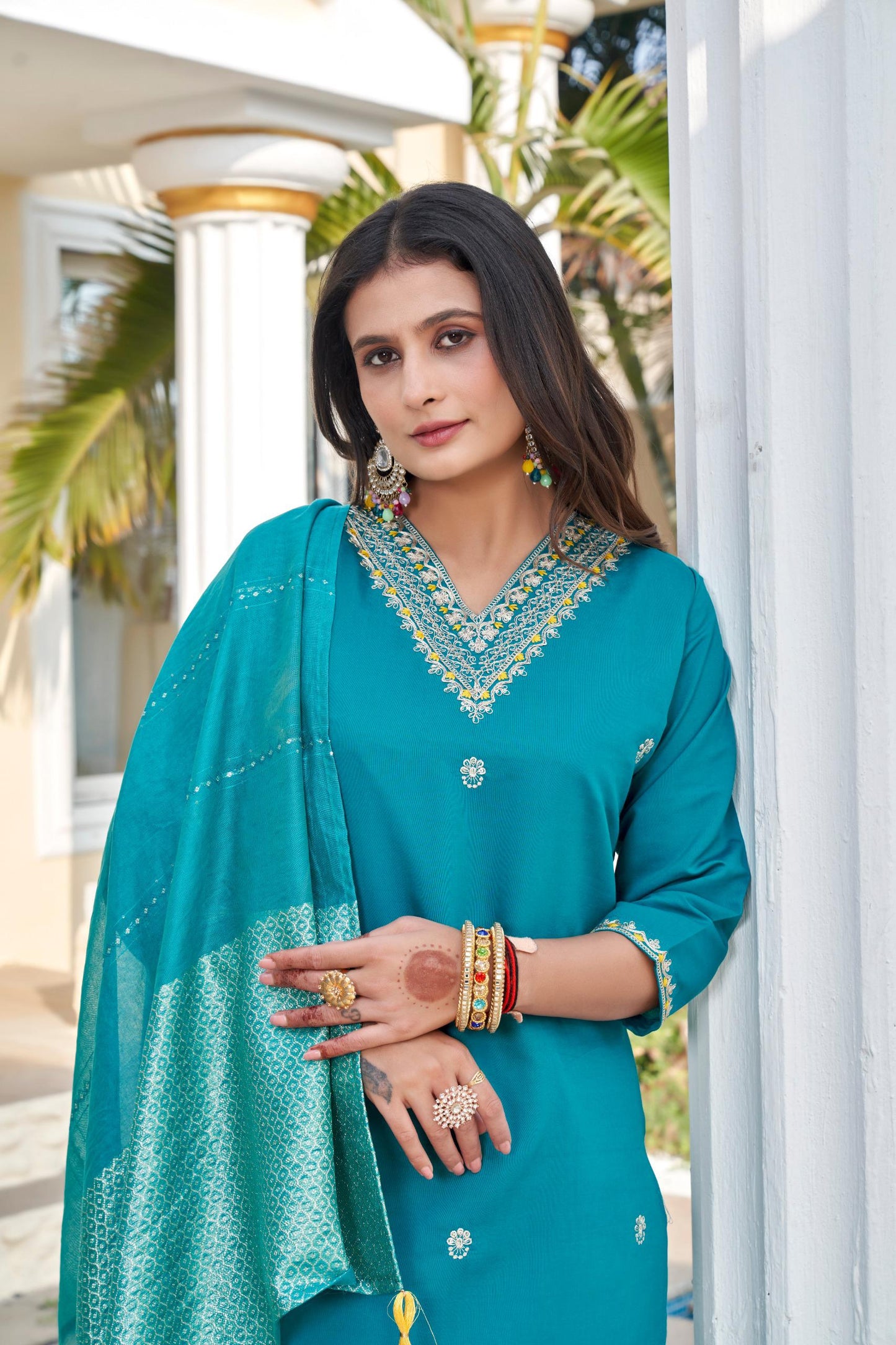 designers kurti pent dupatta set in roman silk fabric