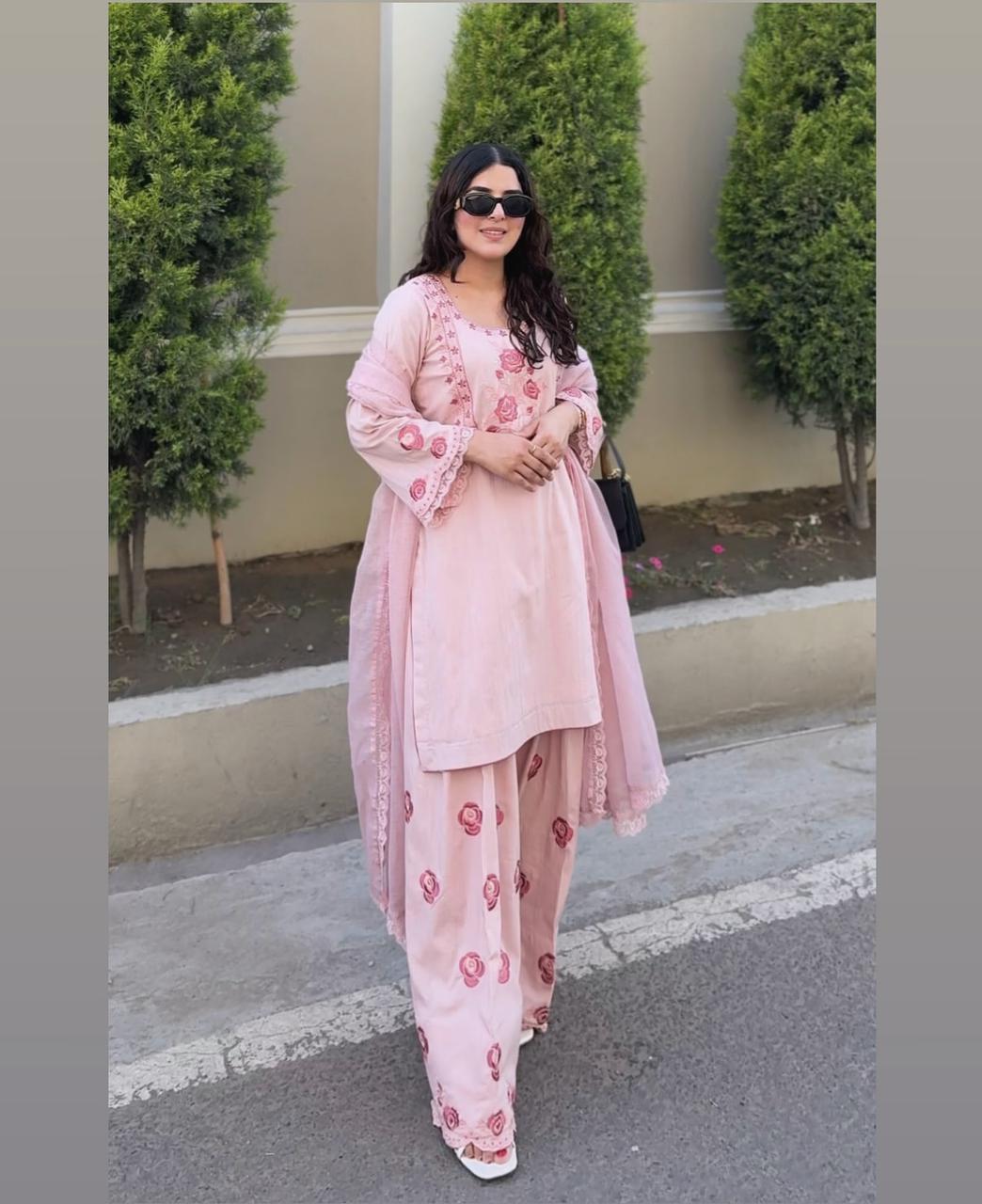 Party Wear Look Pure Natural Crepe Top & Farshi Palazzo With Dupatta Set