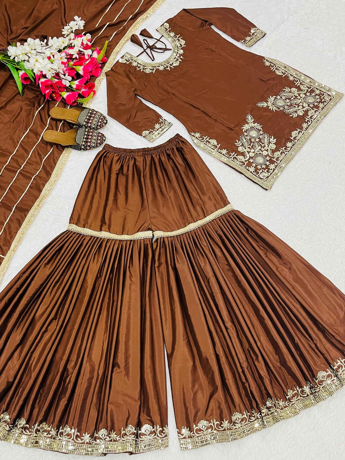 designer party wear look top sharara plazzo and dupatta